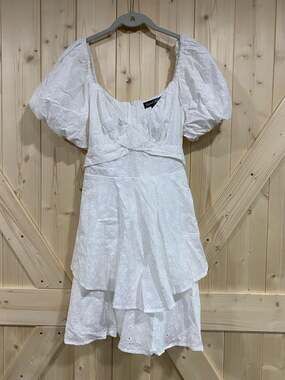 Crystal Doll Eyelet Mini Dress Size M White Puff Sleeve Fit And Flare